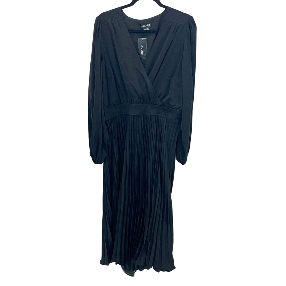 NEW City Chic Finley Dress Black Pleated V-Neck Long Sleeve Midi Size Medium